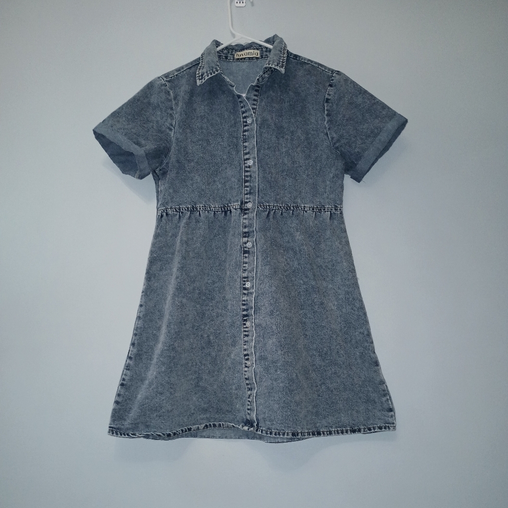 Luvamia Short-Sleeve Washed Denim Jean‎ Mini Dress XS